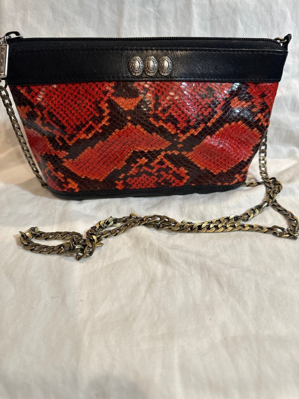 Brighton Red and Black Snake-Print Crossbody Bag with Chain Strap